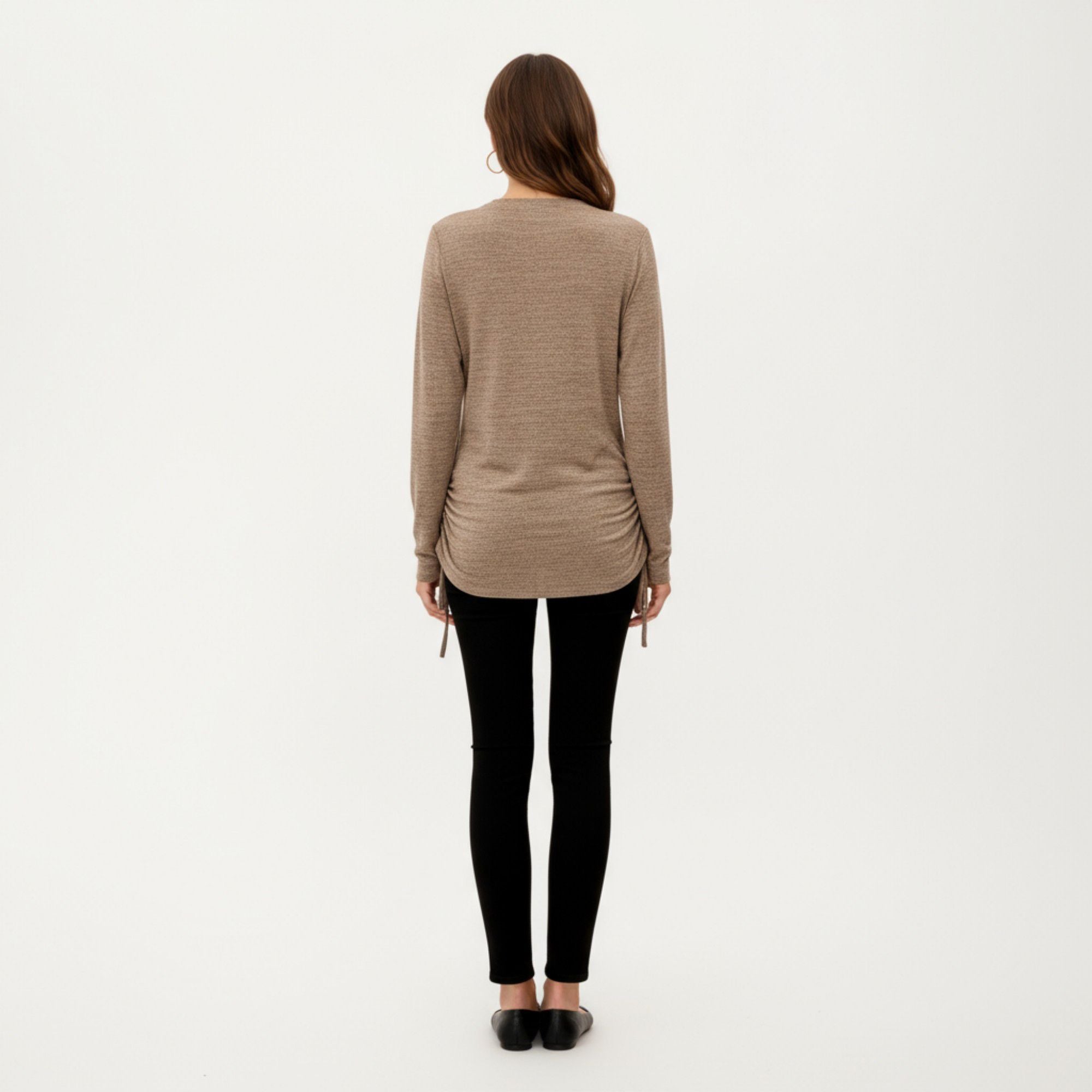 Anna-Kaci Women's Long Sleeve V-Neck Top with Side Drawstring Ruched Hem