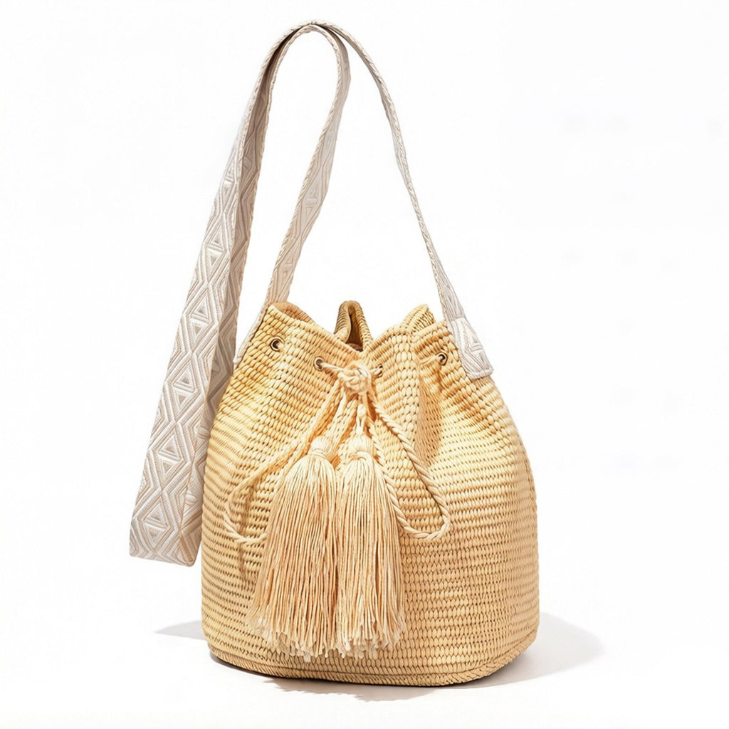 Woven Crochet Bucket Bag with Drawstring Closure Tassel Detail Pattern Strap Lightweight Shoulder Handbag