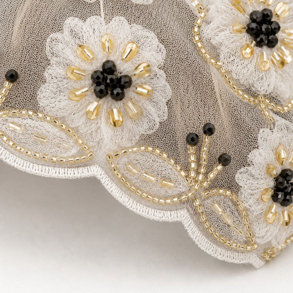 Floral Beaded Mesh Cloche Cap with Scalloped Trim