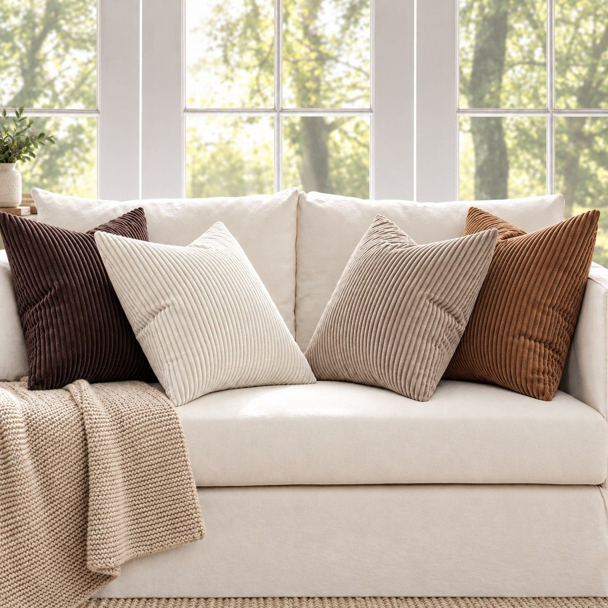 4 Pack Corduroy Throw Pillow Covers 18 x 18 Inch Wide Stripe Texture