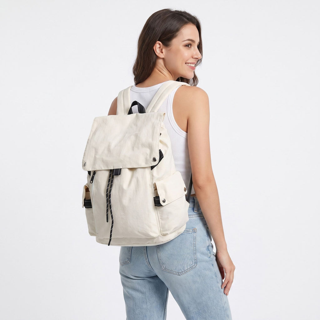 Canvas Flap Backpack with Drawstring Closure Side Pockets and Adjustable Shoulder Straps