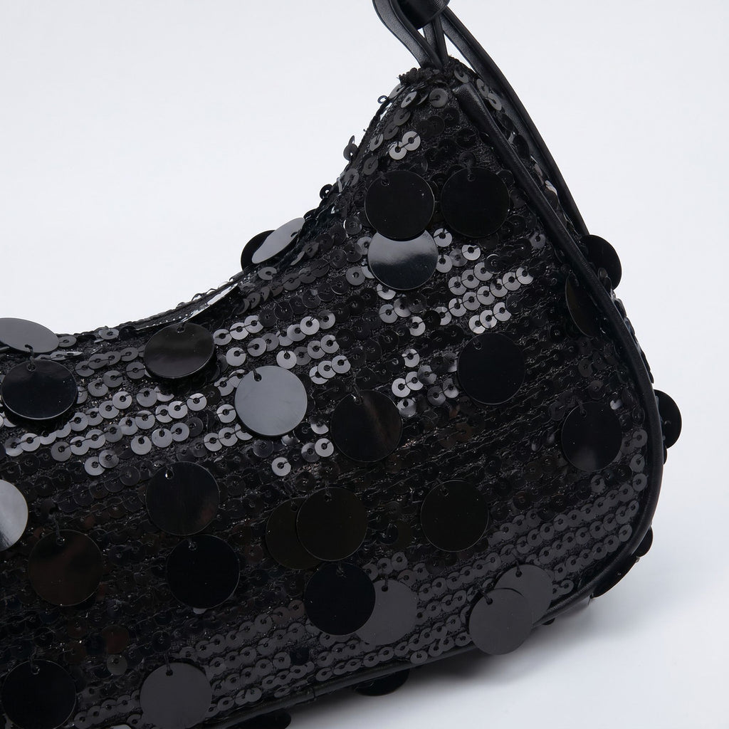 Sequin Crescent Shoulder Bag with Disc Paillette Details and Slim Strap
