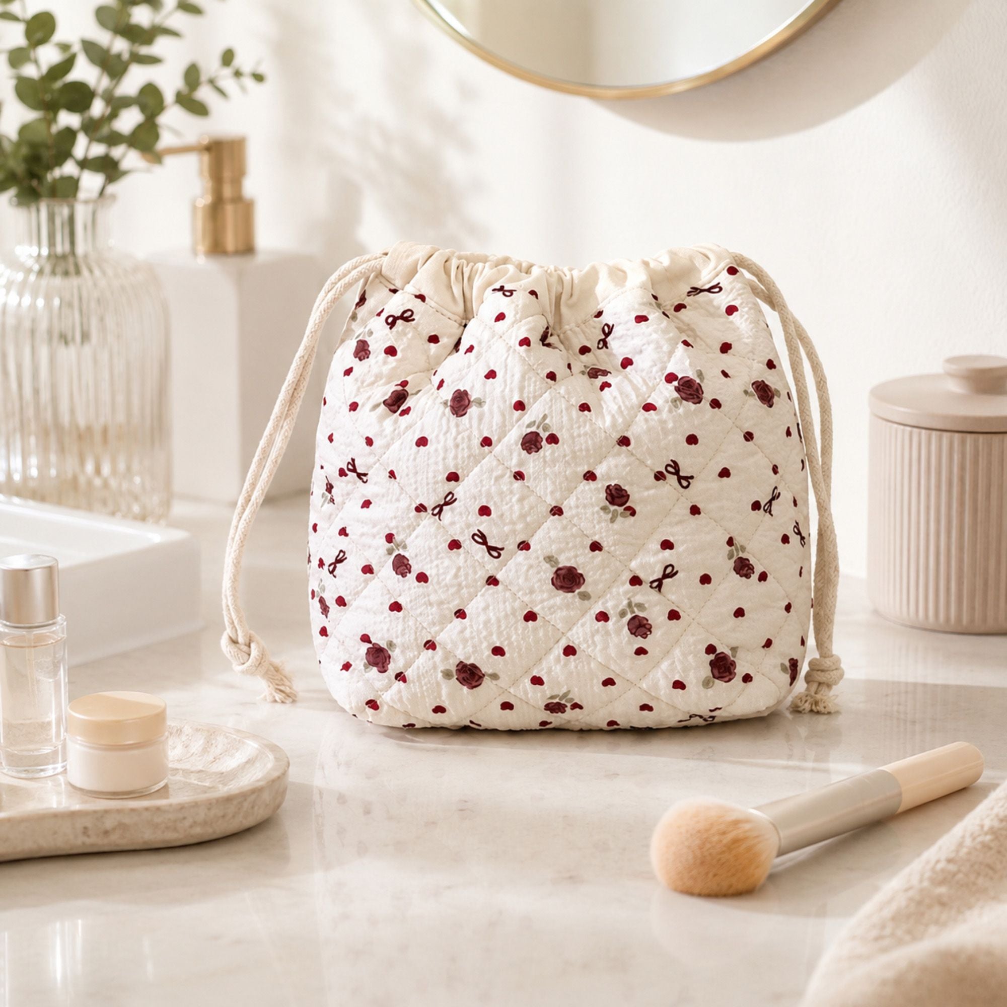 Quilted Drawstring Makeup Bag Large Capacity Portable Cosmetic Organizer Pouch