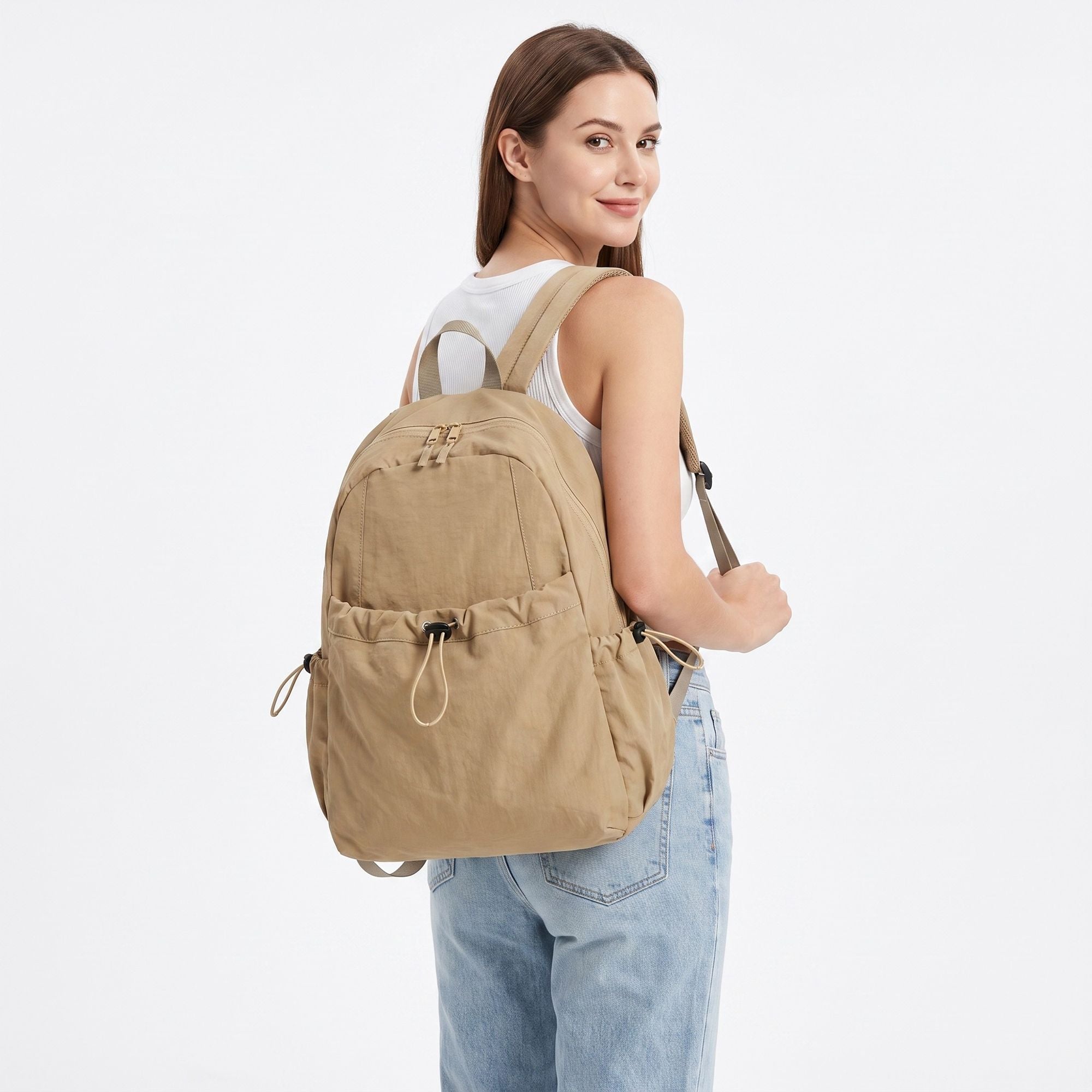 Lightweight Drawstring Backpack with Front Pocket Side Pockets and Adjustable Shoulder Straps