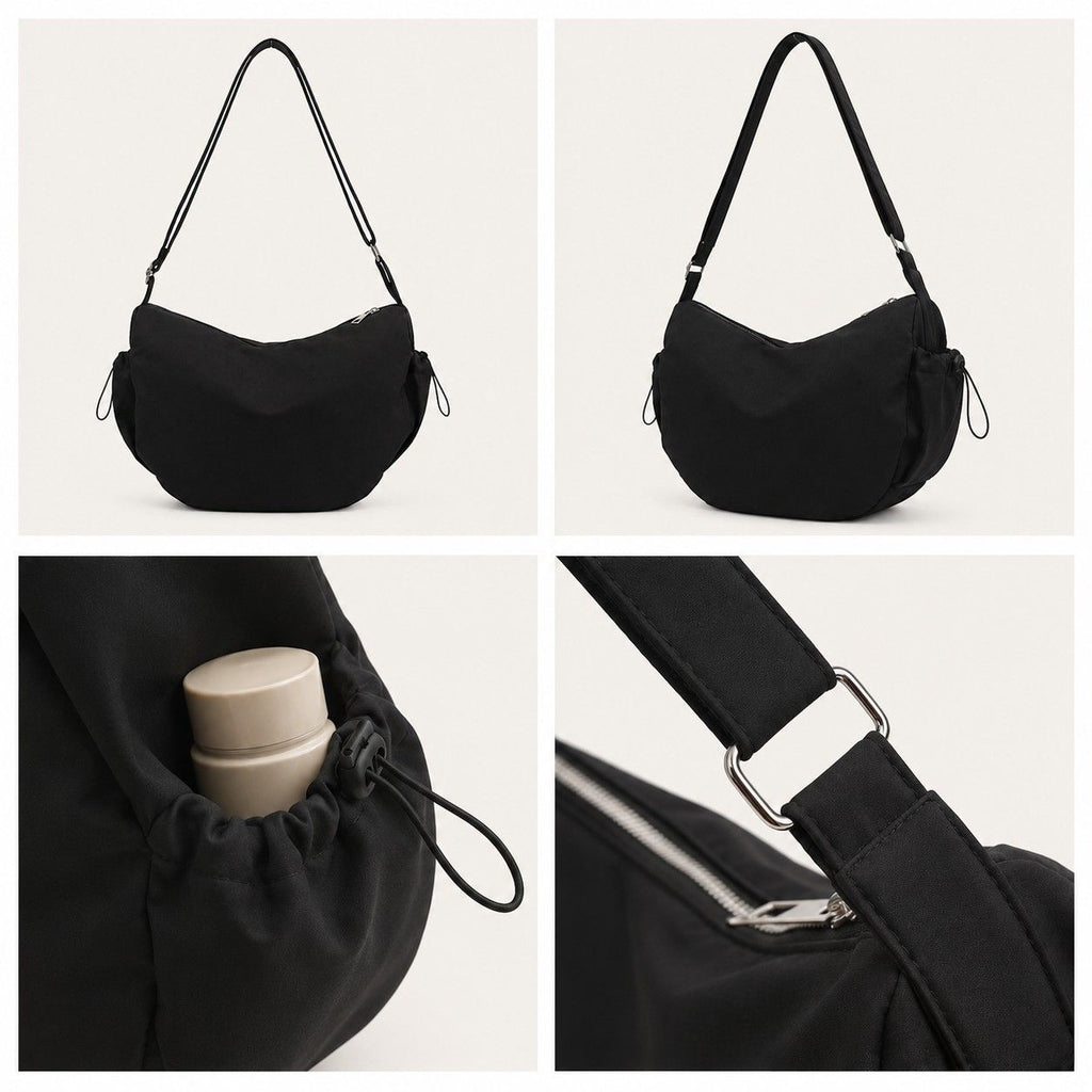 Crescent Crossbody Shoulder Bag with Side Pockets and Adjustable Strap