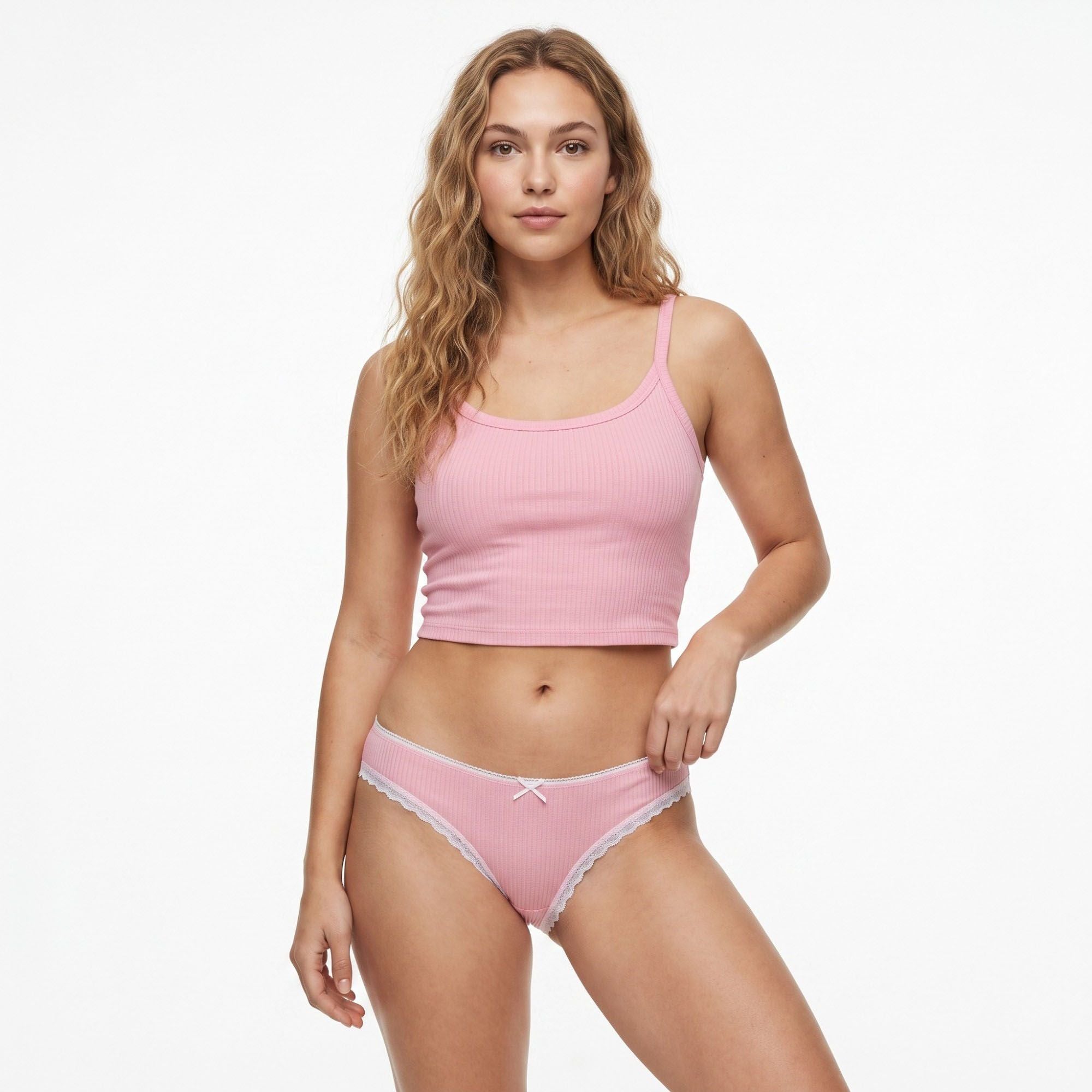 Anna-Kaci Womens 2 Pack Ribbed Lace Trim Thong Underwear