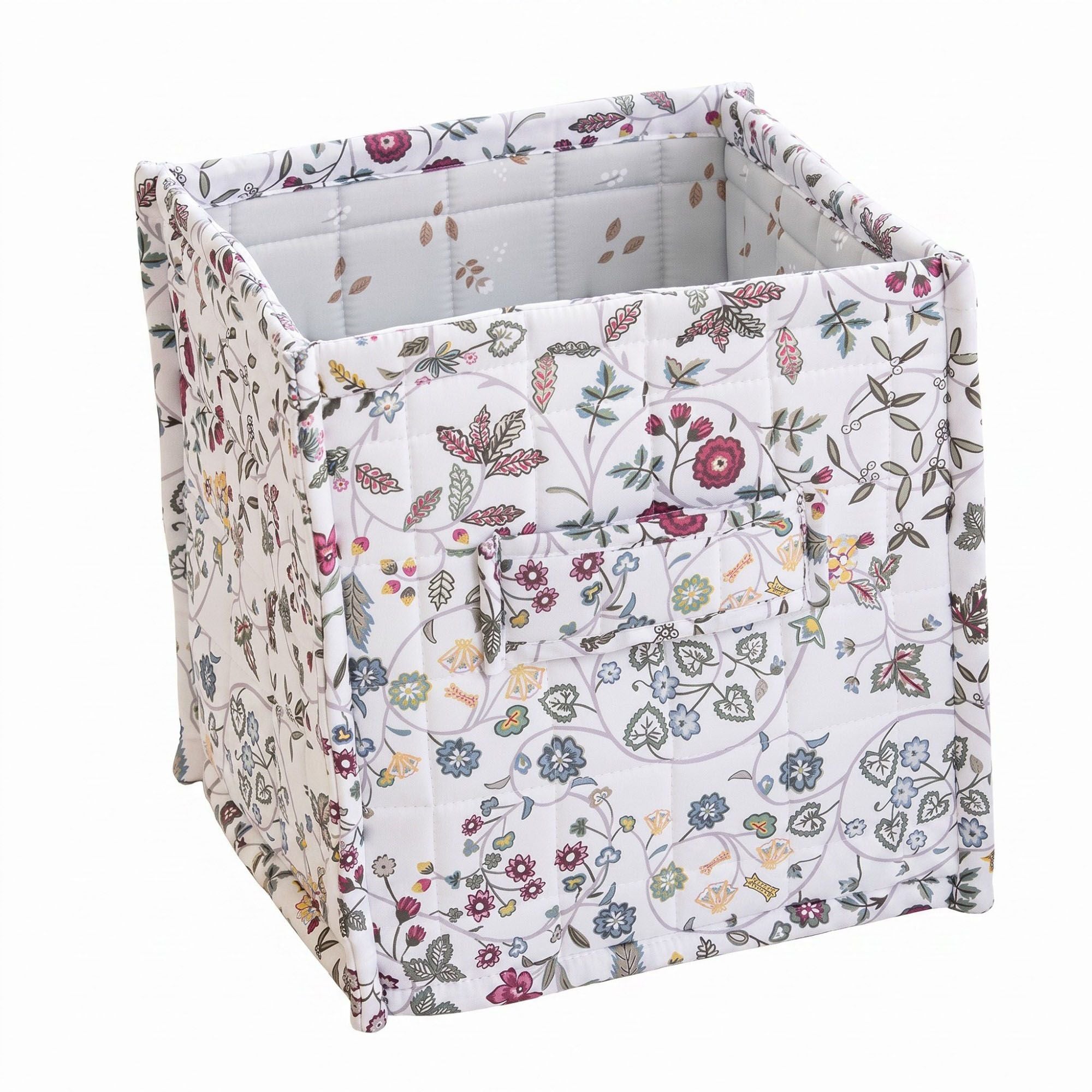 Cubo de almacenamiento de tela acolchada floral con asas de transporte