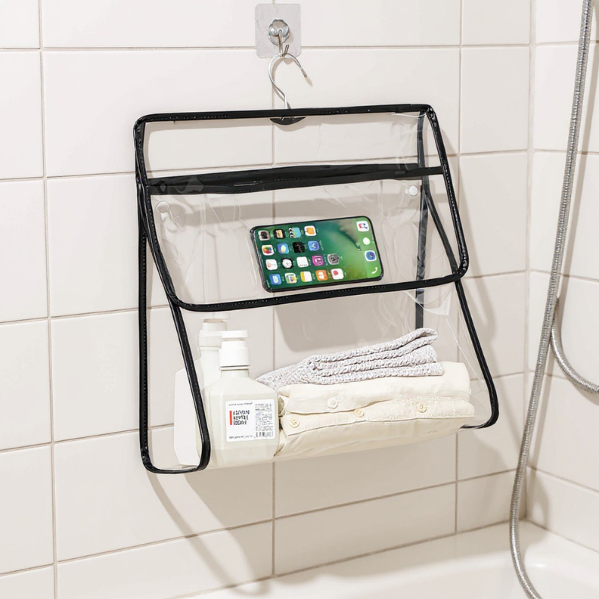 Anna-Kaci 2pcs Women's Clear Hanging Shower Organizer with Touch-Friendly Phone Pocket Water-Resistant Storage Shelf