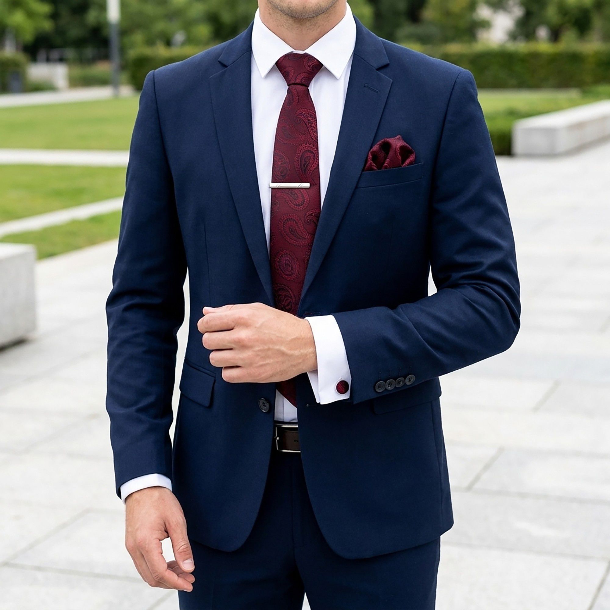 Men's Rose Floral Tie Gift Set with Matching Pocket Square Cufflinks and Silver Tie Clip