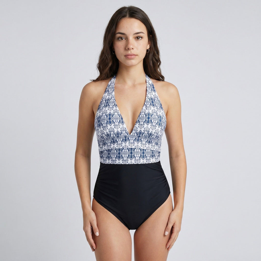 Printed Halter One Piece Swimsuit with Deep V-Neck Contrast Waist Panel and Classic Leg