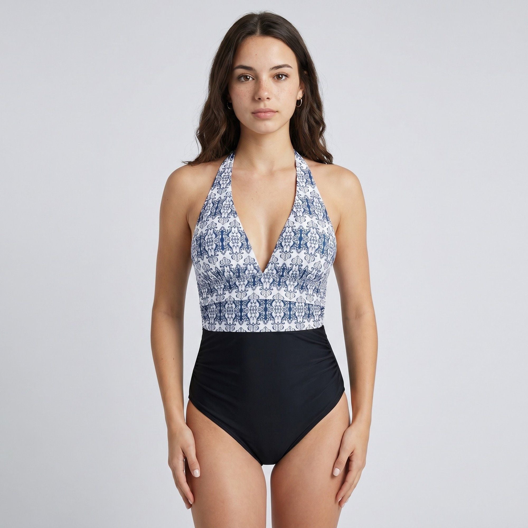 Printed Halter One Piece Swimsuit with Deep V-Neck Contrast Waist Panel and Classic Leg