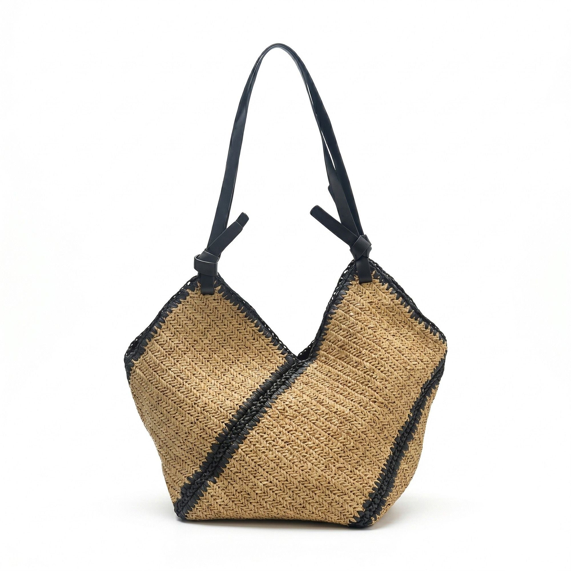 Woven Crochet Hobo Bag with Contrast Trim Slouchy Shoulder Handbag Lightweight Knit Tote