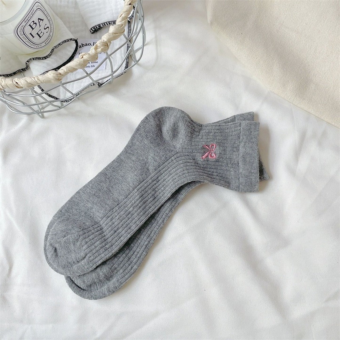 Anna-Kaci Women's Summer Ribbed Ankle Socks with Bow Embroidery