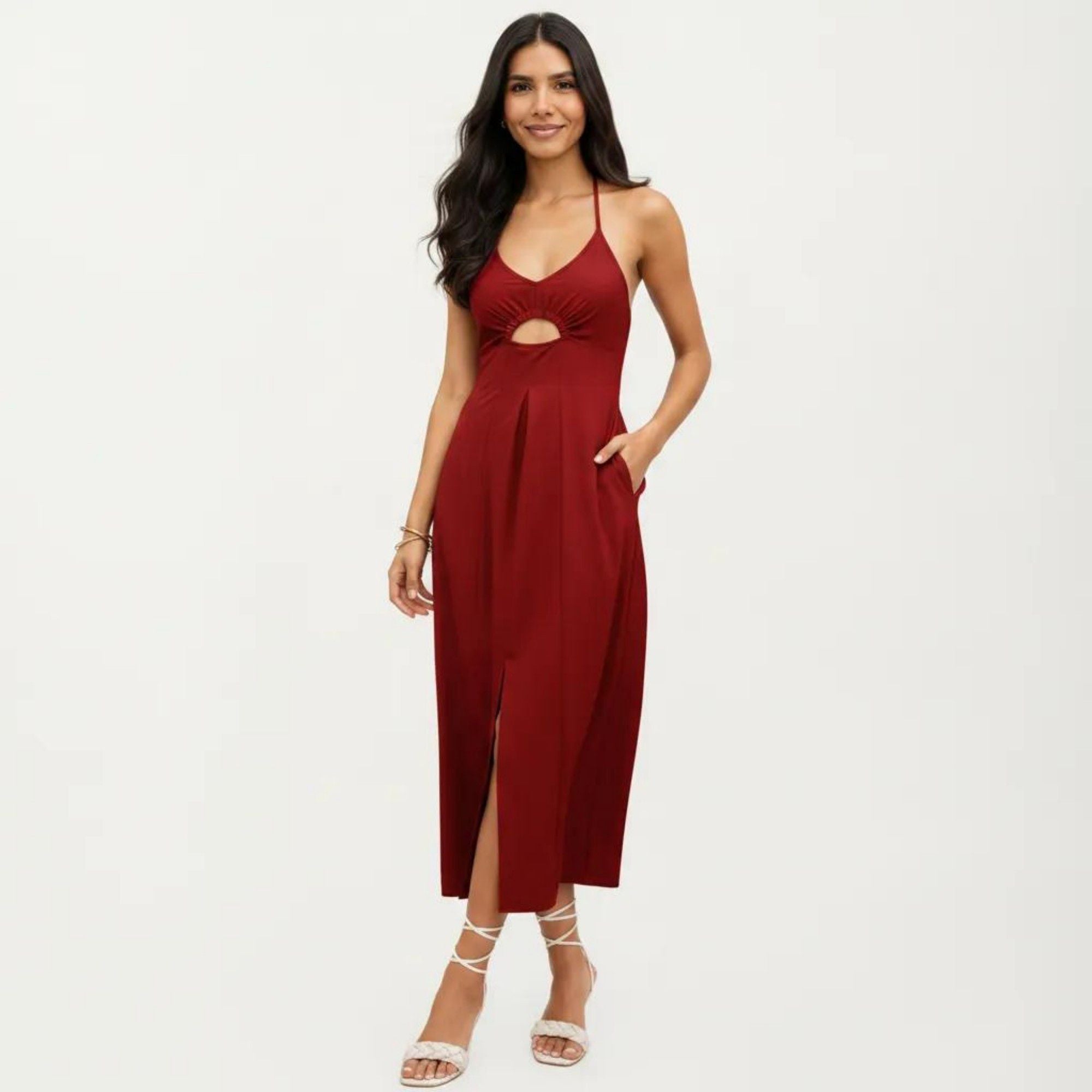 Anna-Kaci Women's Sleeveless Maxi Dress with Cutout Front and Smocked Back