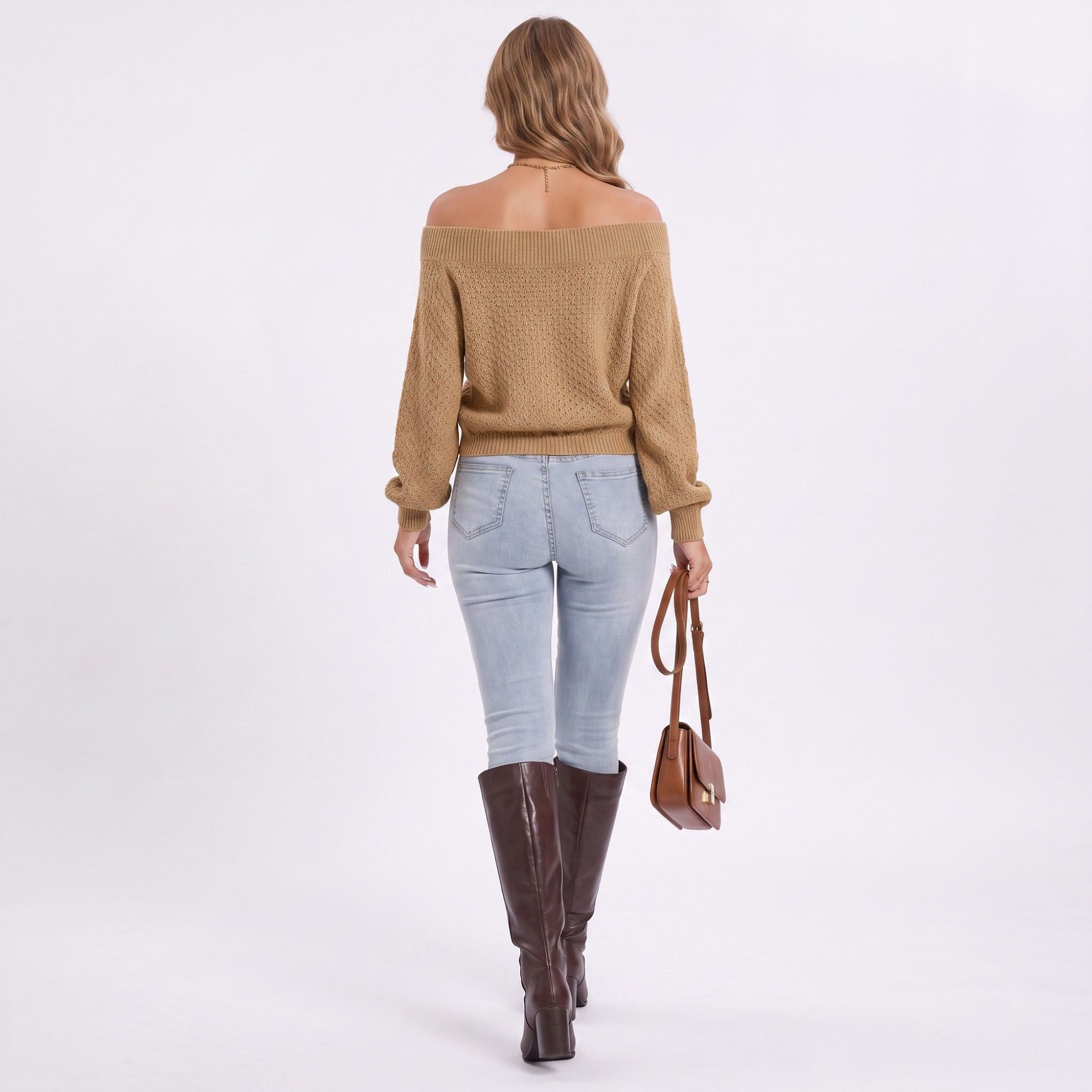 Off Shoulder Front Twist Knit Long Sleeve Sweater
