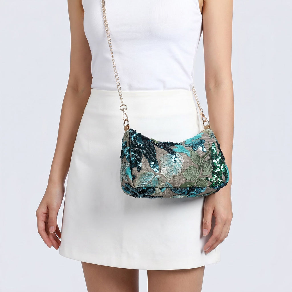 Floral Embroidered Sequin Shoulder Bag with Chain Strap Curved Silhouette