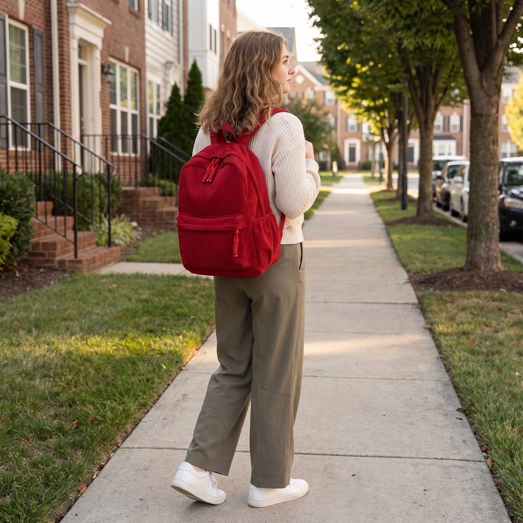 Corduroy Backpack with Front Zip Pocket Adjustable Straps and Spacious Everyday Storage
