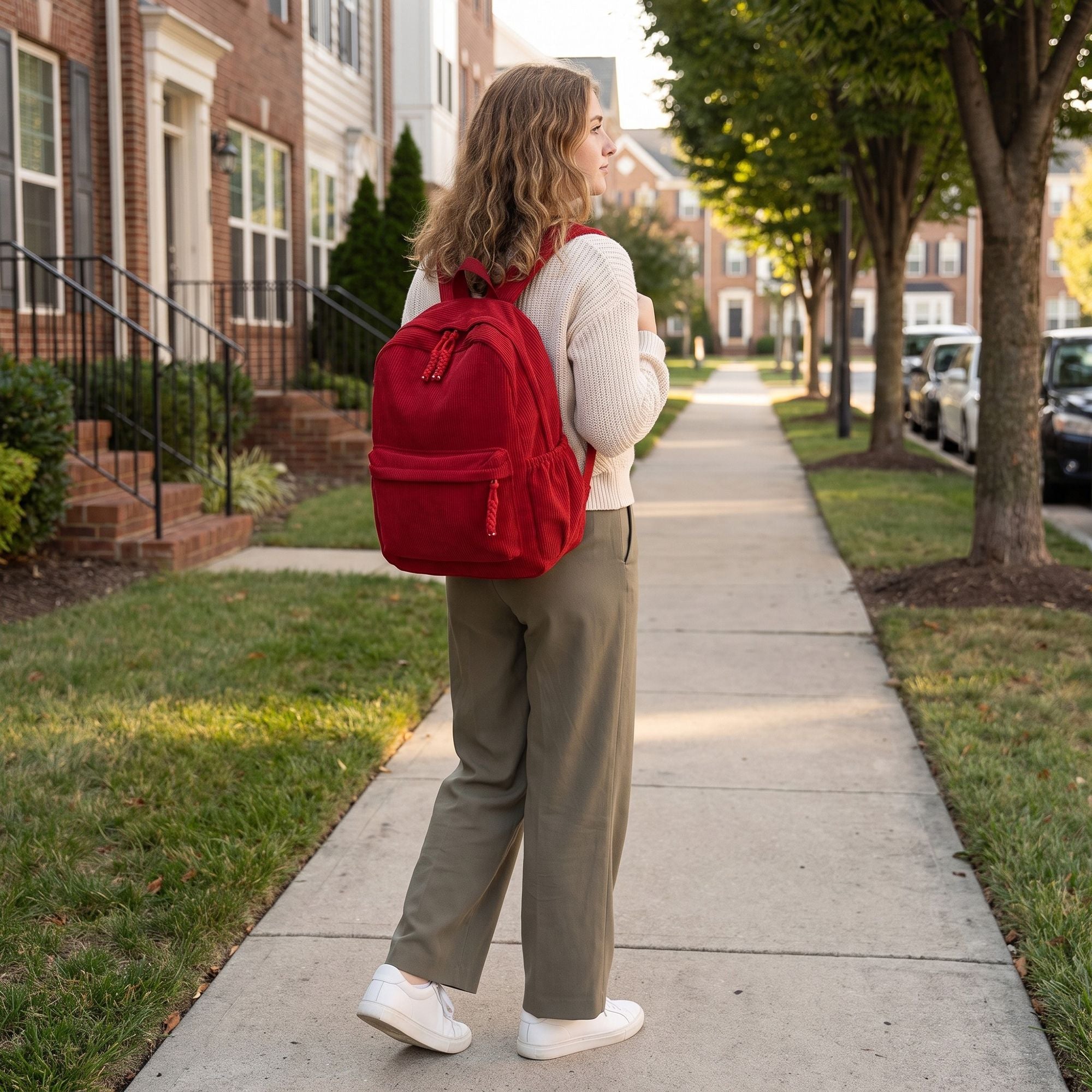 Corduroy Backpack with Front Zip Pocket Adjustable Straps and Spacious Everyday Storage