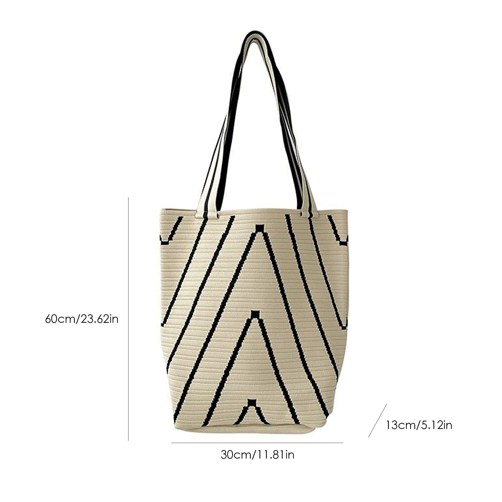 Geometric Stripe Knit Tote Bag with Long Shoulder Straps