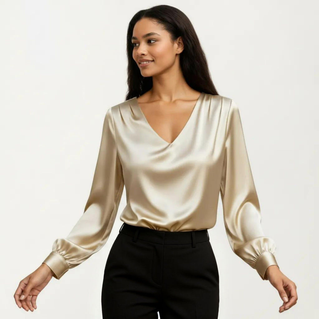 Anna-Kaci Women's Satin V-Neck Blouse with Long Balloon Sleeves and Wide Cuffs