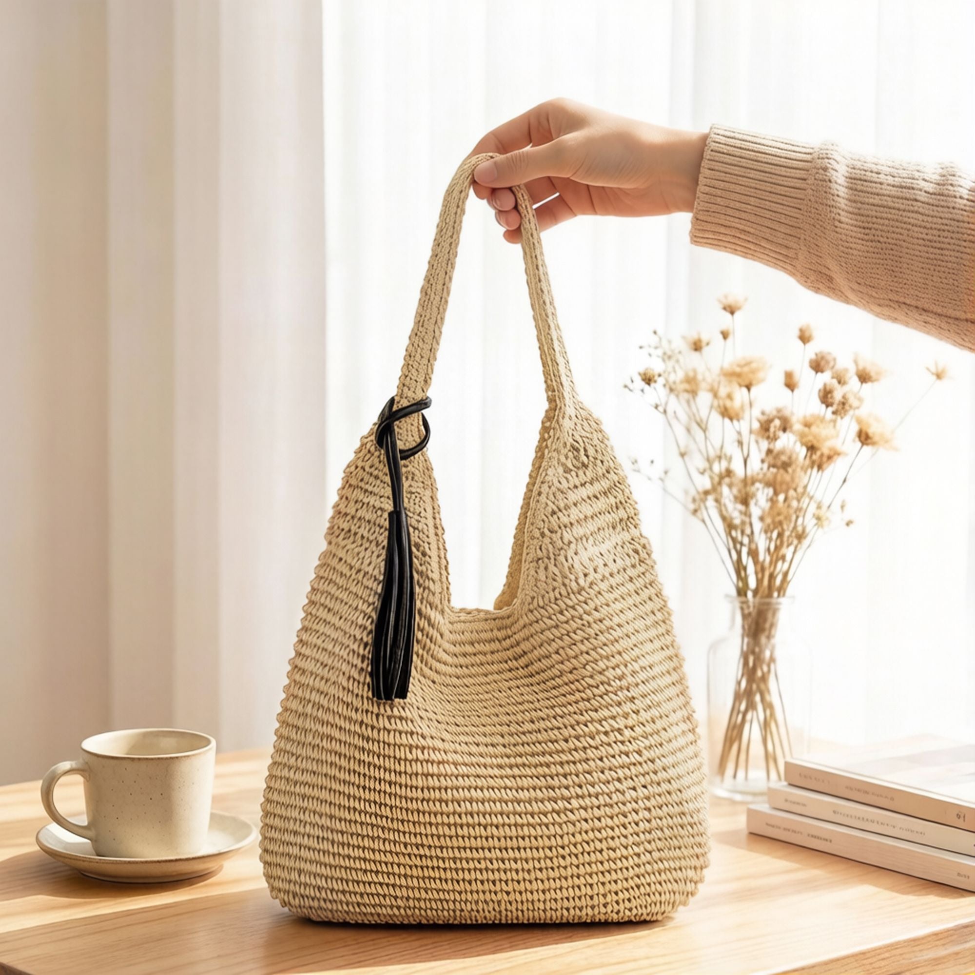Woven Hobo Shoulder Bag with Magnetic Snap Closure and Tassel Accent