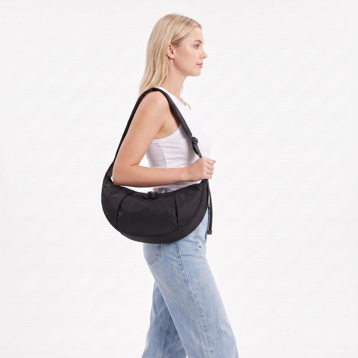 Nylon Crescent Shoulder Bag with Adjustable Strap and Double Zip Closure