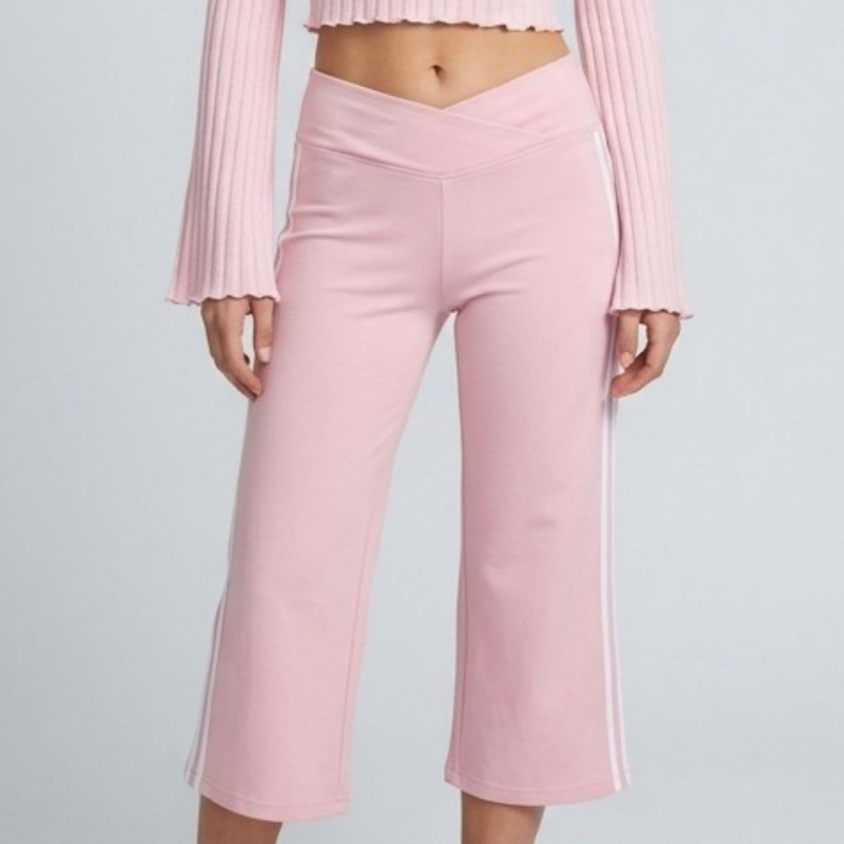 Crossover Waistband Side-Stripe Cropped Wide-Leg Trousers