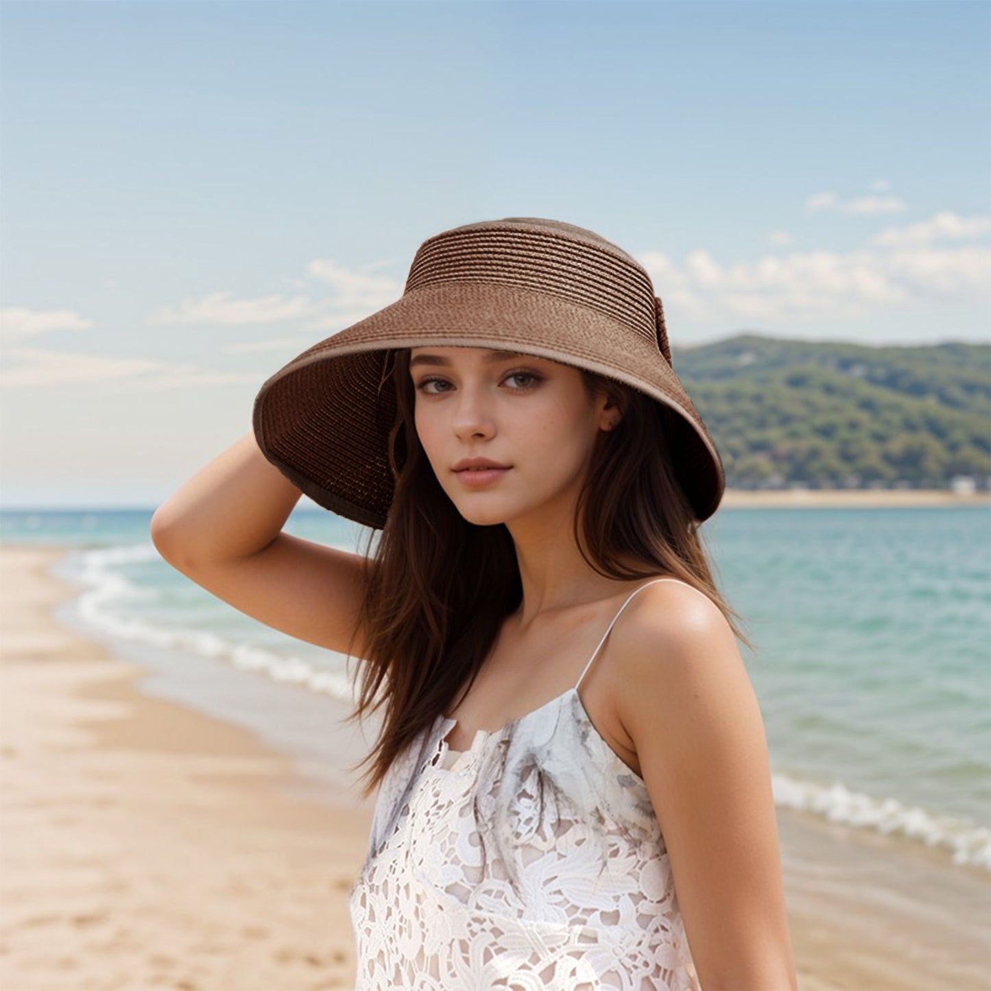 Anna-Kaci Women's Wide Brim Visor Hat with Bow Detail Adjustable Velcro Closure for Beach or Outdoor Protection