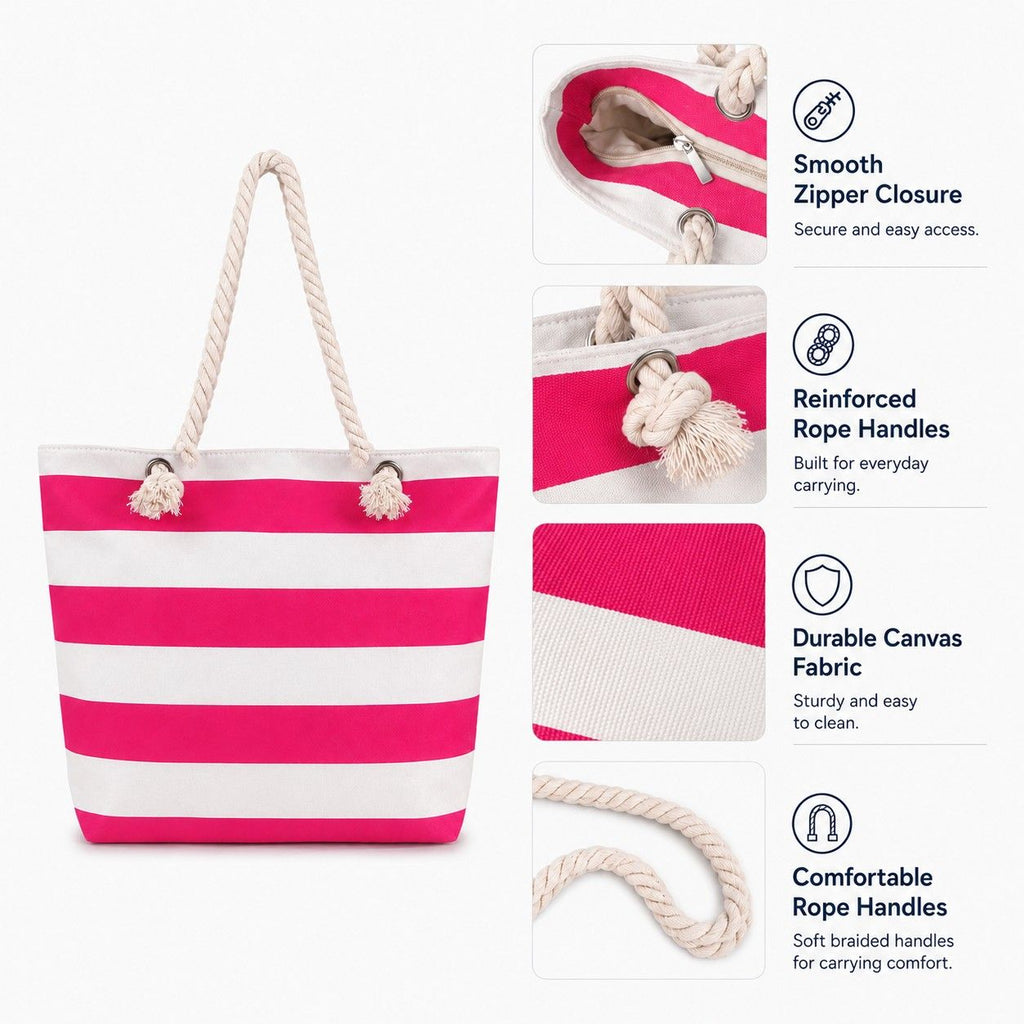Striped Canvas Beach Tote Bag with Zip Closure and Rope Shoulder Handles