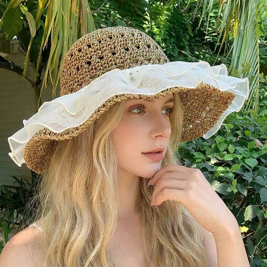 Crochet Sun Hat with Sheer Ruffle Wide Brim and Pearl Trim Detail