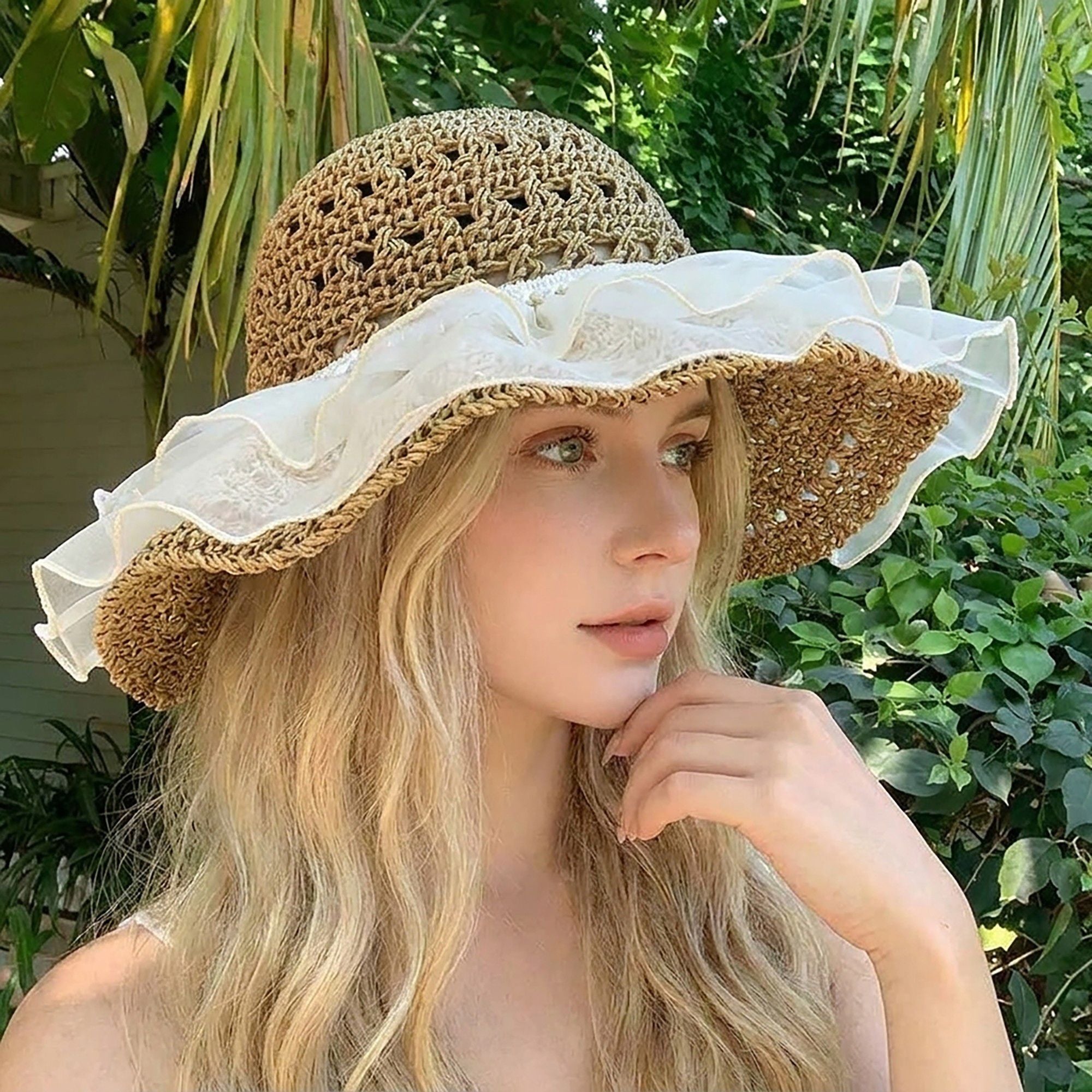 Crochet Sun Hat with Sheer Ruffle Wide Brim and Pearl Trim Detail