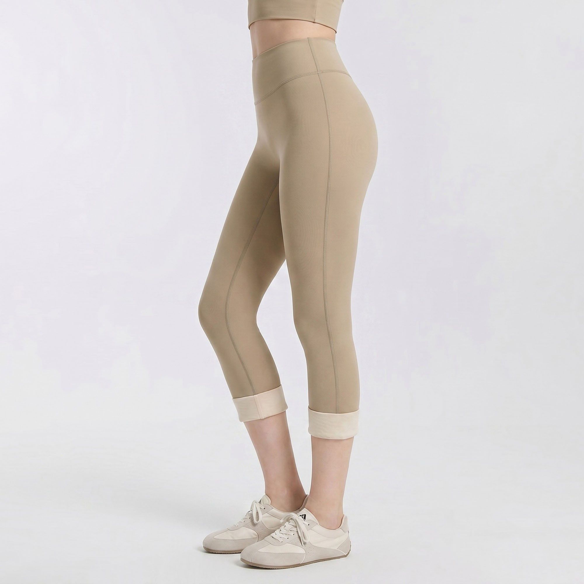 High Waist Capri Leggings with Folded Cuff Hem Wide Waistband Smooth Stretch Yoga Pants