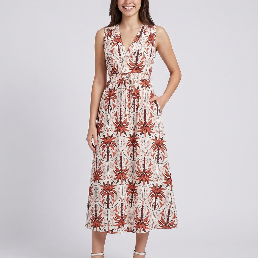 Botanical Print Sleeveless V-Neck Tie Waist Maxi Dress with Side Pockets and Relaxed A-Line Silhouette