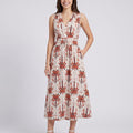 Botanical Print Sleeveless V-Neck Tie Waist Maxi Dress with Side Pockets and Relaxed A-Line Silhouette