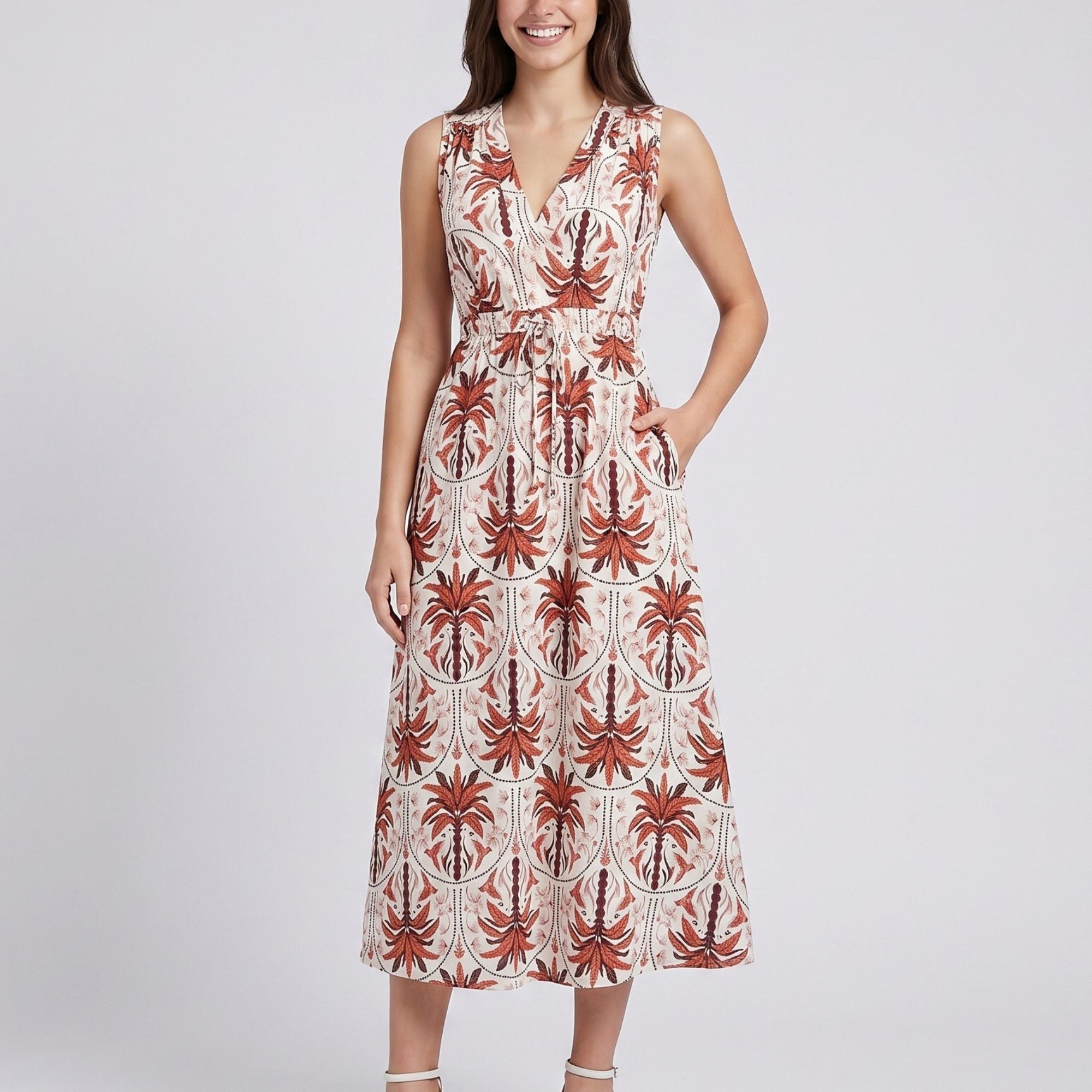 Botanical Print Sleeveless V-Neck Tie Waist Maxi Dress with Side Pockets and Relaxed A-Line Silhouette