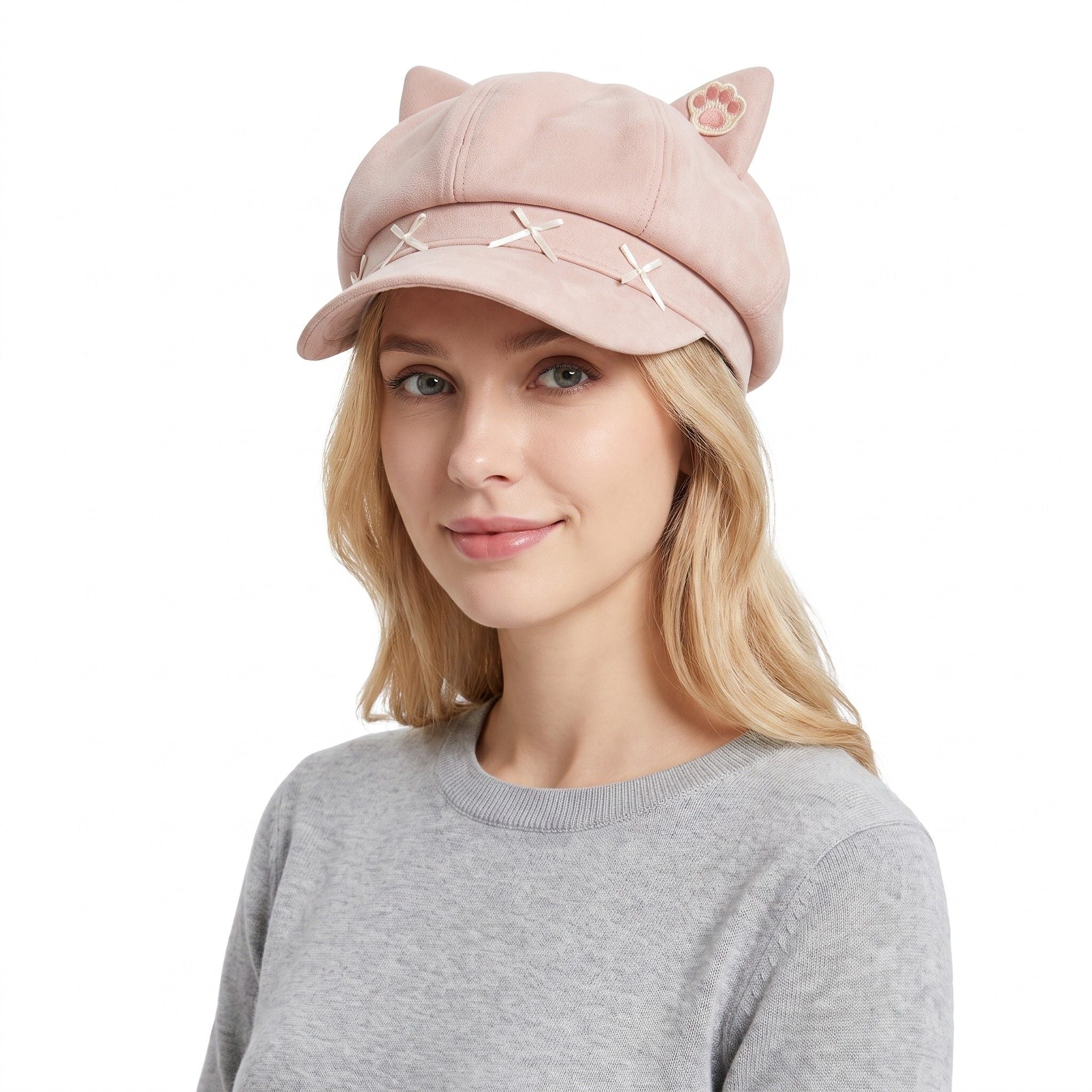 Cat Ear Newsboy Cap Cute Baker Boy Hat Bow Detail Short Brim Casual Style