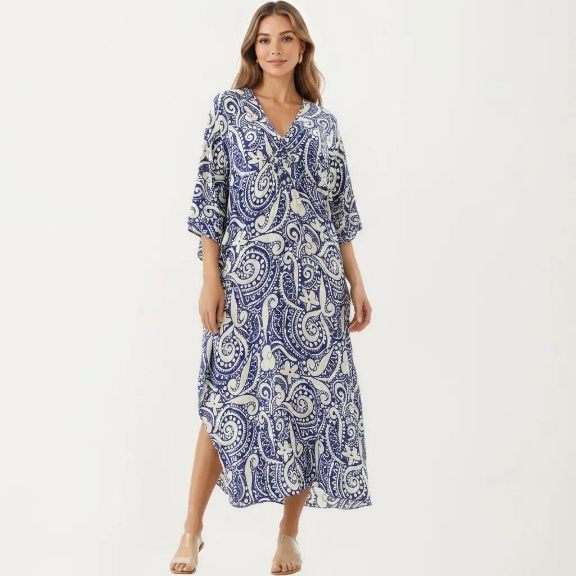 Anna-Kaci Women's Paisley Print Maxi Dress with V-Neckline Short Sleeves and Relaxed Flowing Silhouette