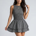 Red women's mini dress with plaid, textured and sleeveless