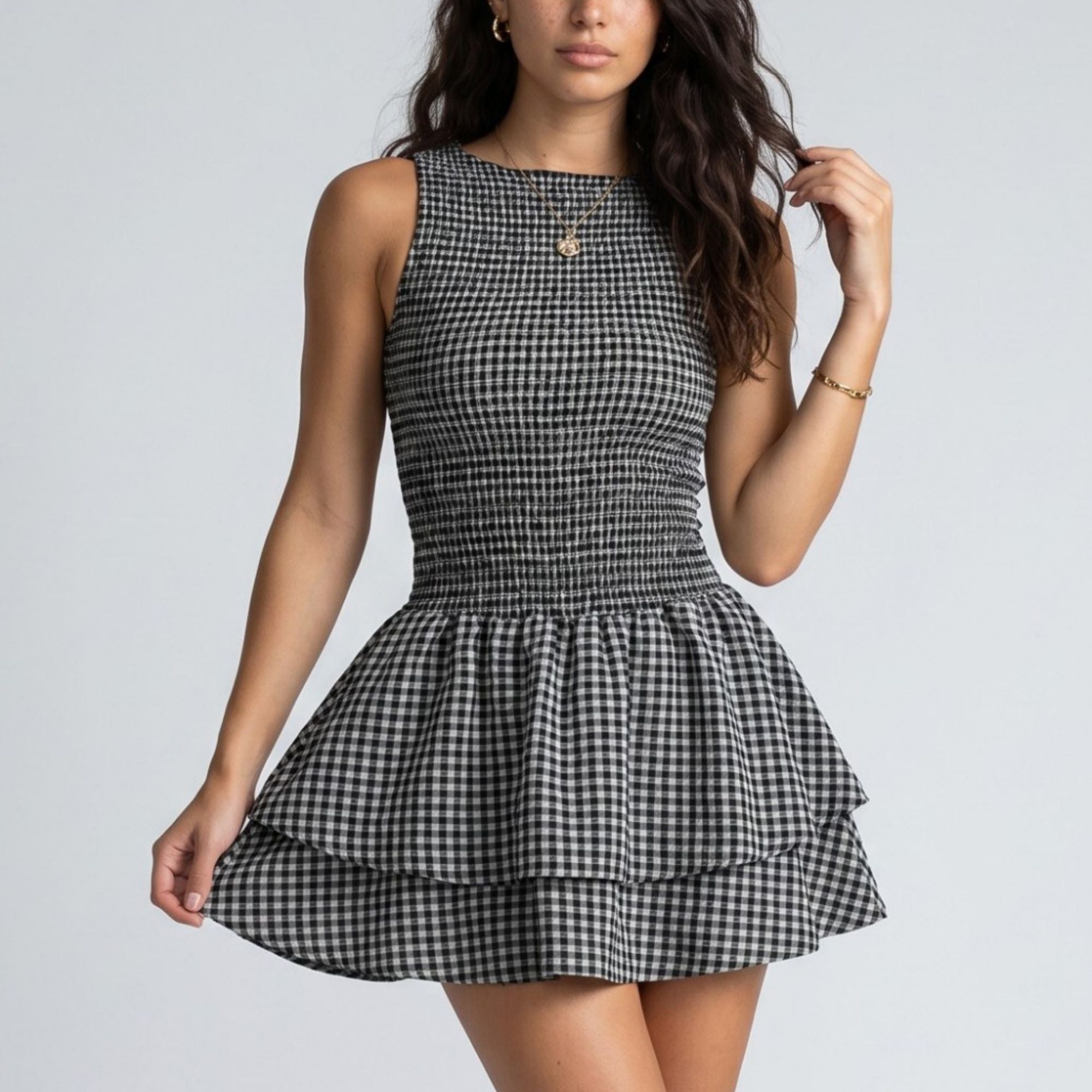 Anna-Kaci Women's Gingham Sleeveless Smocked Mini Dress with Tiered Ruffle Skirt