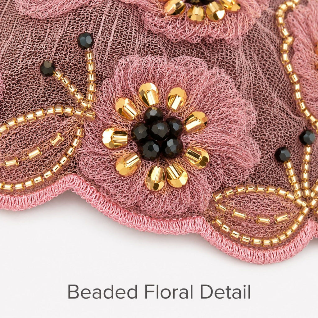 Floral Beaded Mesh Cloche Cap with Scalloped Trim