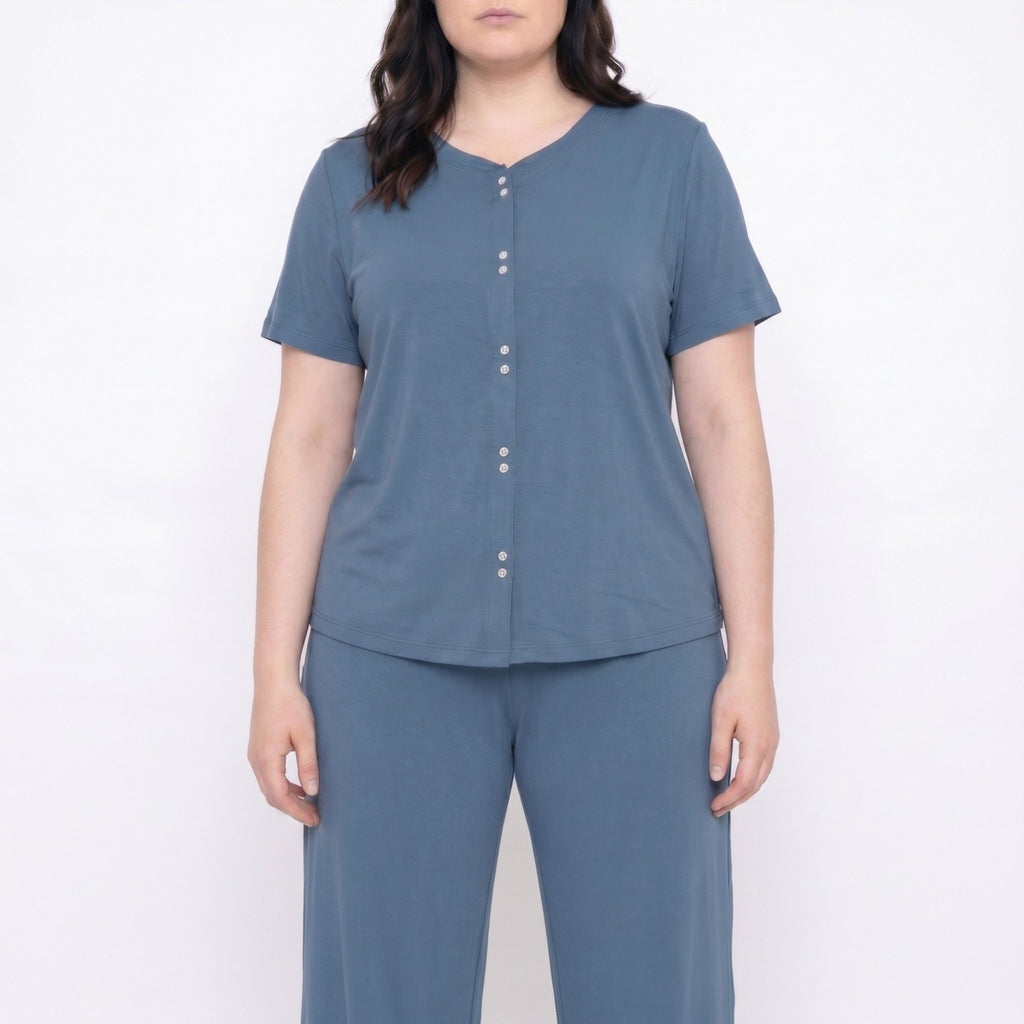 Plus Size 2-Piece Short Sleeve Button Front Pajama Top and Wide Leg Pants Sleepwear Lounge Set