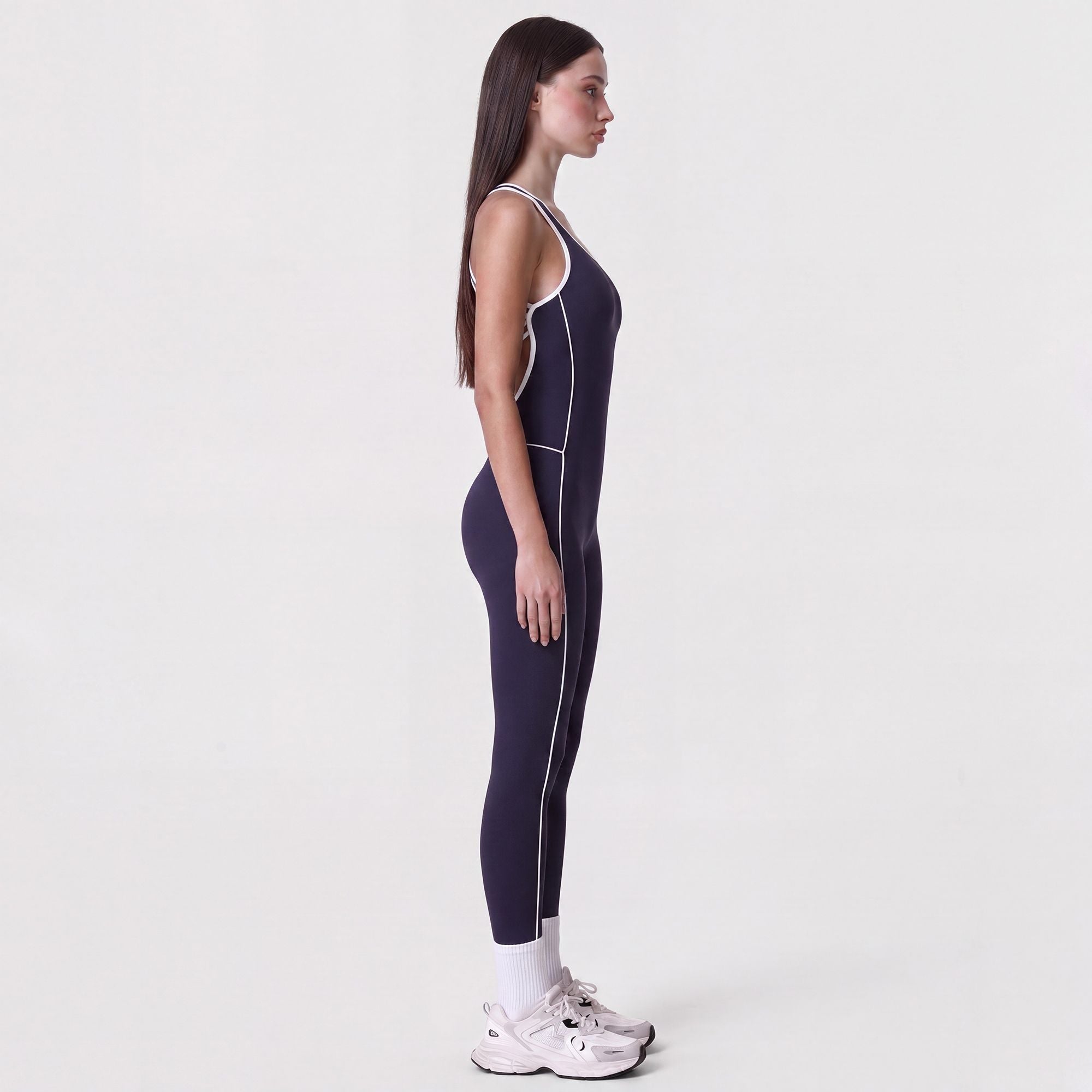 Sleeveless One Piece Active Jumpsuit with Contrast Piping Scoop Neck and Full Length Legging Fit