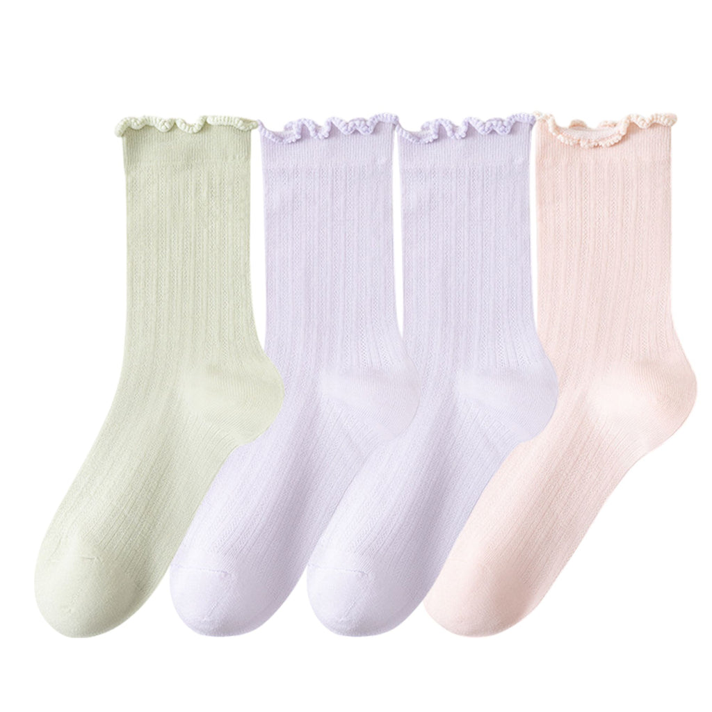 Women's 4-Pair Pack Soft Ribbed Ankle Socks with Ruffled Edge Trim Lightweight Knit Design in Multiple Color Combinations