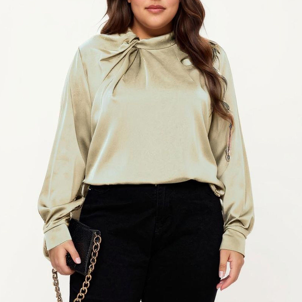 Anna-Kaci Women's Plus Size Long Sleeve Blouse with Tie Neck Detail Relaxed Fit Silky Smooth Fabric