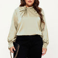 Anna-Kaci Women's Plus Size Long Sleeve Blouse with Tie Neck Detail Relaxed Fit Silky Smooth Fabric