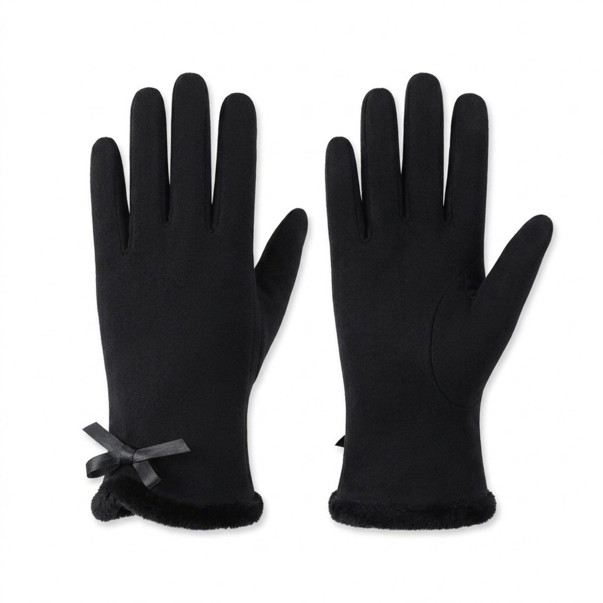 Faux Suede Winter Gloves with Faux Fur Cuffs and Bow Detail 9 x 3.3in