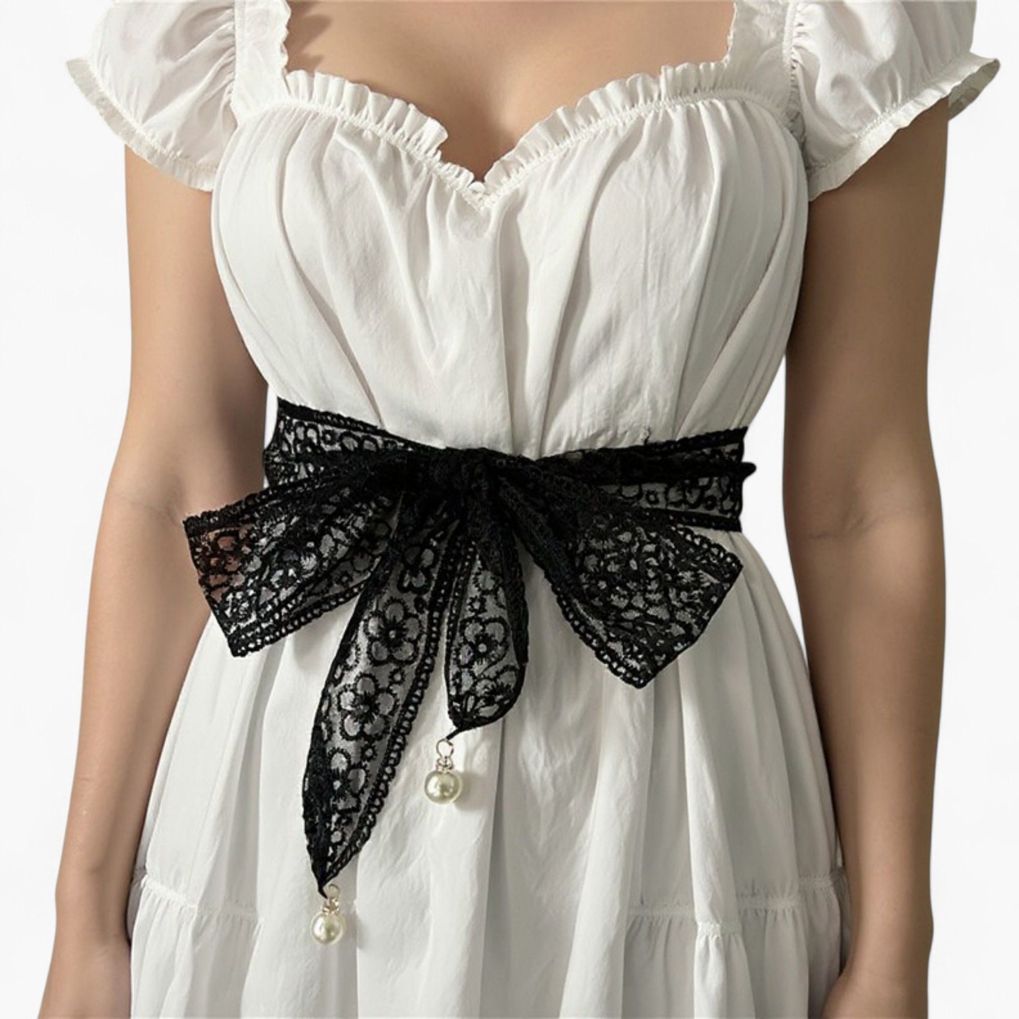 Anna-Kaci Women's Floral Lace Ribbon Belt with Oversized Bow and Pearl Drop Details 59in