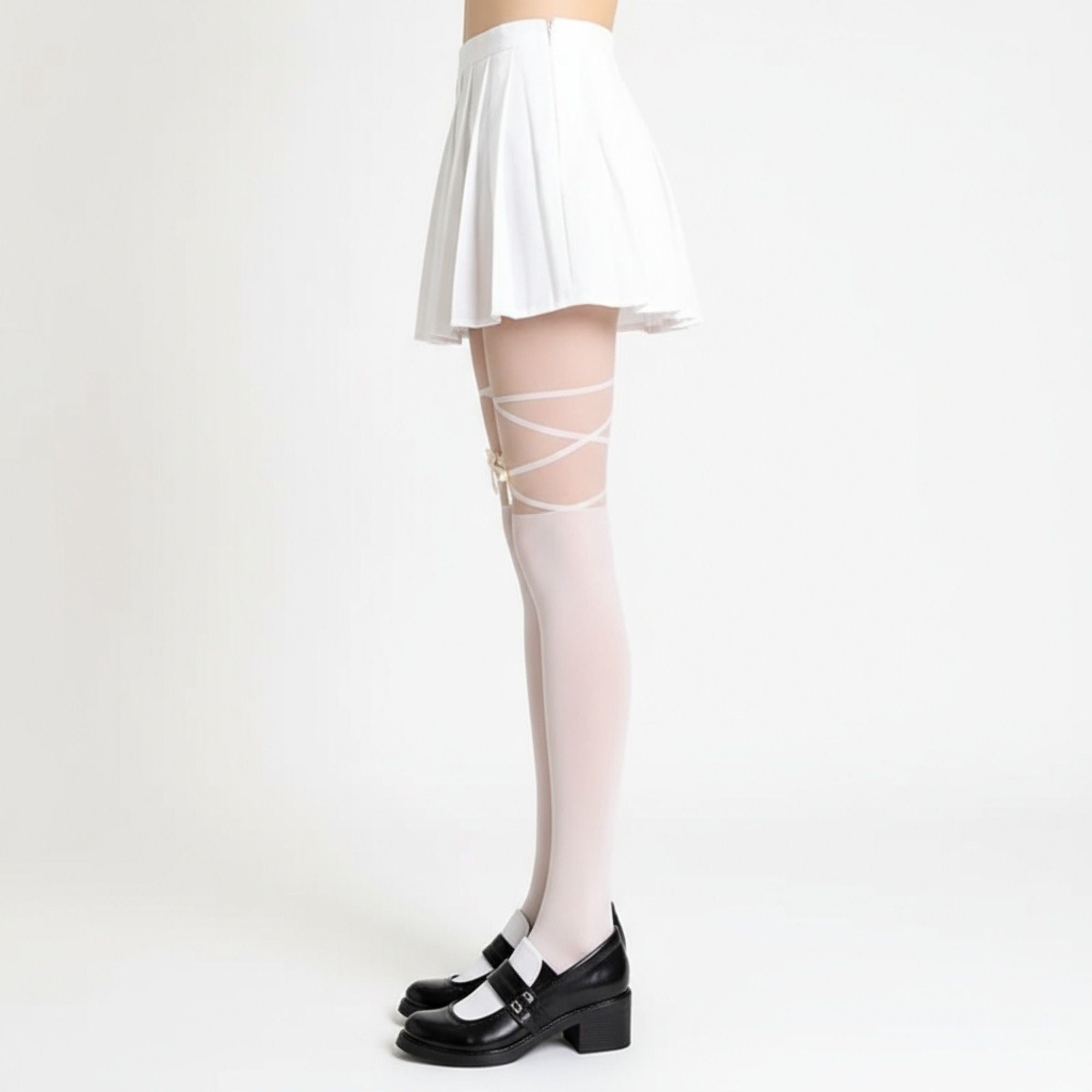 Anna-Kaci Women's Sheer Tights with Crisscross Lace-Up Detail and Opaque Lower Leg Design