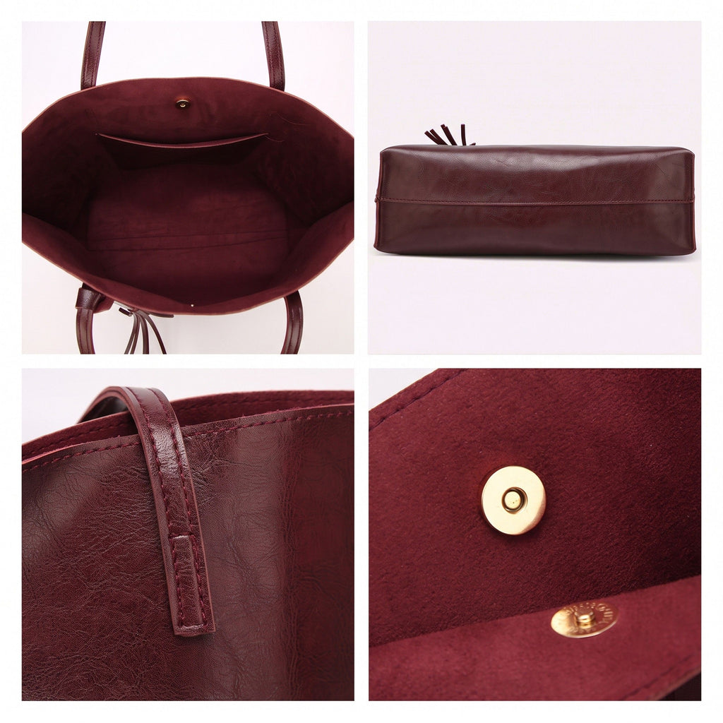 Large Faux Leather Shoulder Tote Bag with Tassel and Magnetic Snap Closure