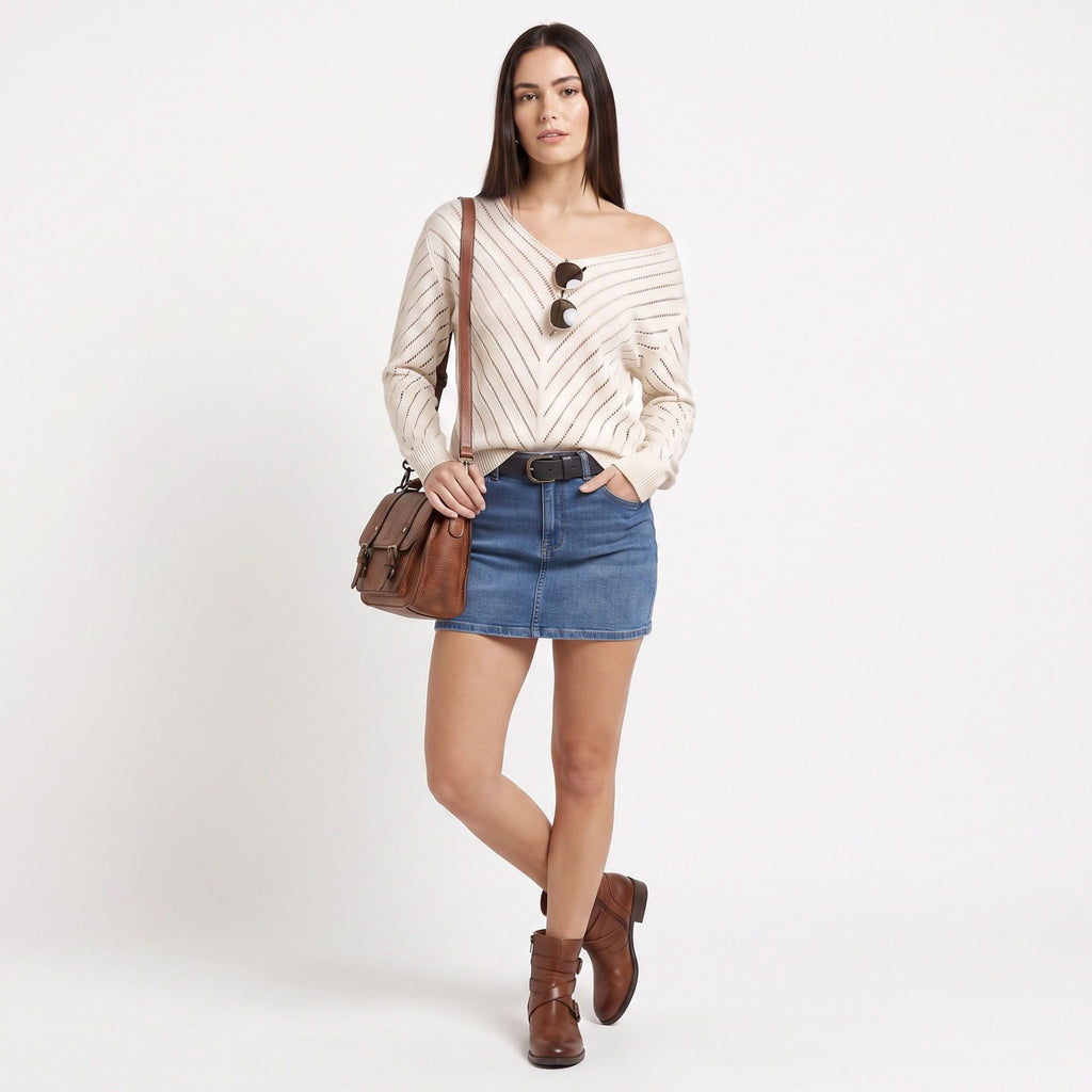 Chevron Pointelle V-Neck Long Sleeve Knit Sweater